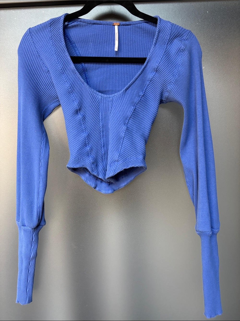 Ribbed Long-Sleeve Scoop Neck Crop Top - Blue - Free People -XS